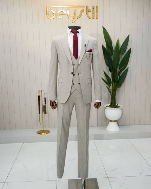 Beystil Sivri Yaka Krem Yelekli Takım Elbise Muline - Slim Fit - Beystil