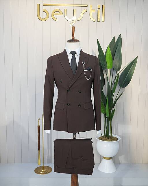 Beystil Sivri Yaka Kahve Kruvaze Takım Elbise Nikol - Slim Fit - Beystil