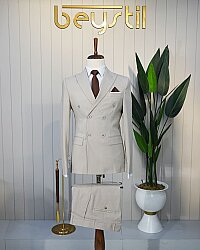 Beystil Sivri Yaka Krem Kruvaze Takım Elbise Nikol - Slim Fit 