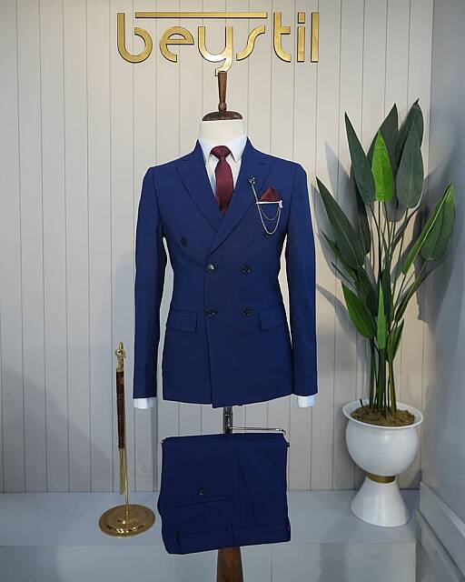 Beystil Sivri Yaka Parlement Mavi Kruvaze Takım Elbise Nikol - Slim Fit - Beystil
