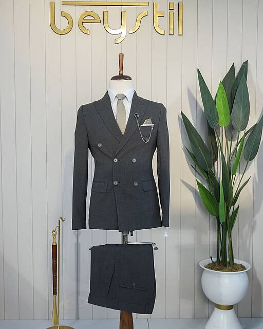Beystil Sivri Yaka Gri Kruvaze Takım Elbise Nikol - Slim Fit - Beystil