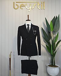 Beystil Sivri Yaka Siyah Kruvaze Takım Elbise Nikol - Slim Fit 