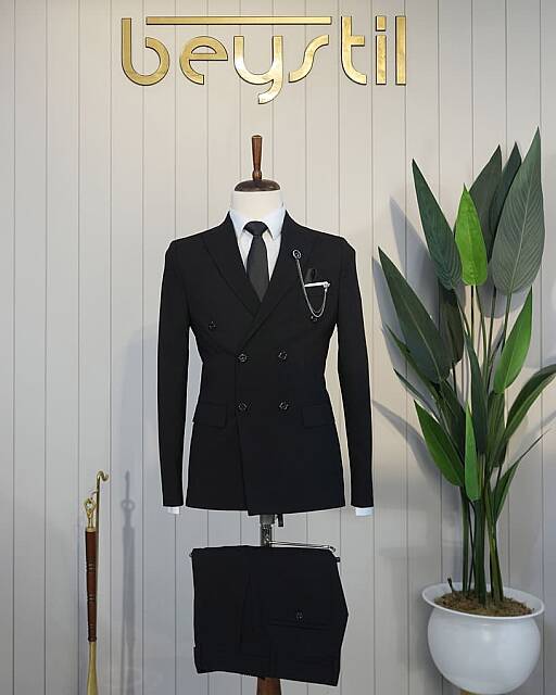 Beystil Sivri Yaka Siyah Kruvaze Takım Elbise Nikol - Slim Fit - Beystil