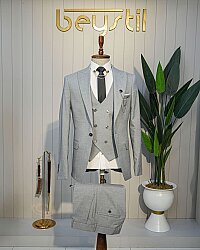 Beystil Sivri Yaka Gri Yelekli Takım Elbise Nikol - Slim Fit 
