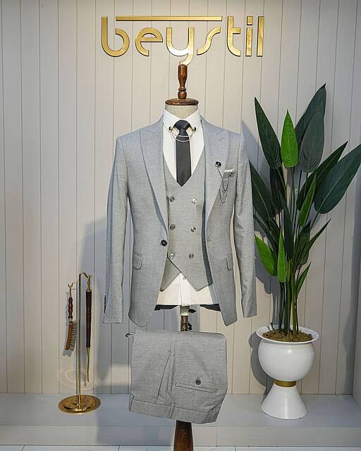 Beystil Sivri Yaka Gri Yelekli Takım Elbise Nikol - Slim Fit - Beystil