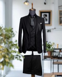 Beystil Sivri Yaka Siyah Yelekli Takım Elbise Nikol - Slim Fit 