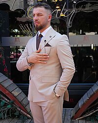 Beystil Oscar Slim Fit Krem Kruvaze Takım Elbise Nikol 