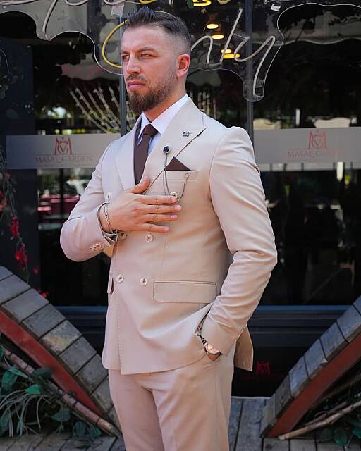 Beystil Oscar Slim Fit Krem Kruvaze Takım Elbise Nikol - Beystil