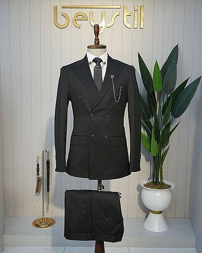 Beystil Oscar Slim Fit Siyah Kruvaze Takım Elbise Nikol - Beystil