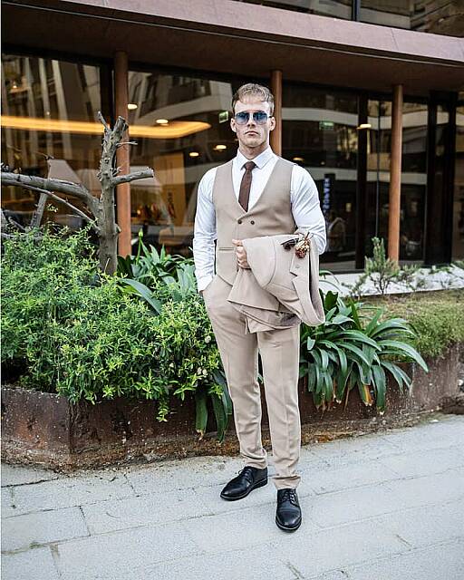 Beystil Erkek Mono Yaka Krem Yelekli Takım Elbise Porche - Slim Fit - Beystil
