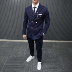 Beystil Sivri Yaka Lacivert Kruvaze Takım Elbise Petek - Slim Fit 