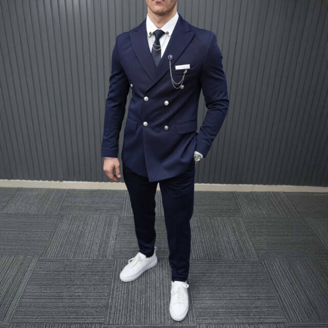 Beystil Sivri Yaka Lacivert Kruvaze Takım Elbise Petek - Slim Fit - Beystil