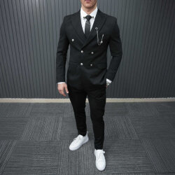 Beystil Sivri Yaka Siyah Kruvaze Takım Elbise Petek - Slim Fit 