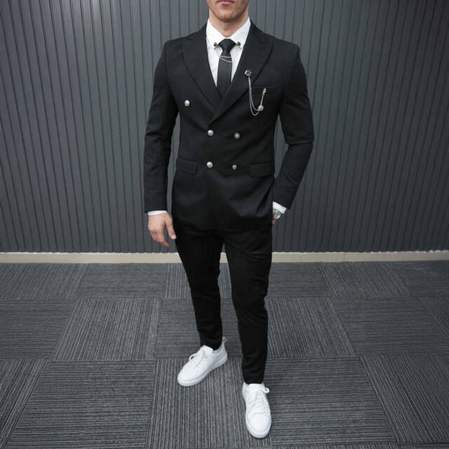 Beystil Sivri Yaka Siyah Kruvaze Takım Elbise Petek - Slim Fit - Beystil