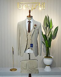 Beystil Sivri Yaka Krem Yelekli Takım Elbise Petek -Slim Fit 