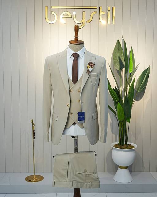 Beystil Sivri Yaka Krem Yelekli Takım Elbise Petek -Slim Fit - Beystil