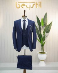 Beystil Sivri Yaka Lacivert Yelekli Takım Elbise Petek - Slim Fit 