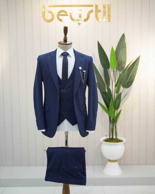 Beystil Sivri Yaka Lacivert Yelekli Takım Elbise Petek - Slim Fit - Beystil