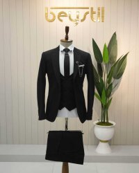 Beystil Sivri Yaka Siyah Yelekli Takım Elbise Petek - Slim Fit 