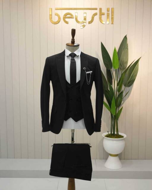 Beystil Sivri Yaka Siyah Yelekli Takım Elbise Petek - Slim Fit - Beystil