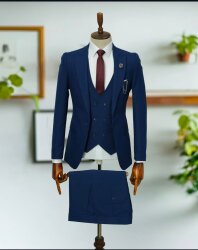 Beystil Sivri Yaka Parlement Mavisi Yelekli Takım Elbise Roni - Slim Fit 