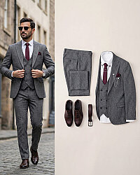 Beystil Sivri Yaka Gri Yelekli Kırçıllı Takım Elbise Storm- Slim Fit 