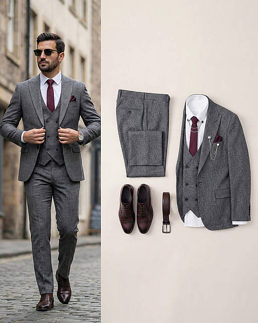 Beystil Sivri Yaka Gri Yelekli Kırçıllı Takım Elbise Storm- Slim Fit - Beystil