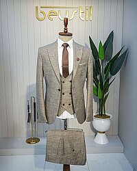 Beystil Sivri Yaka Kahve Yelekli Kırçıllı Takım Elbise Storm- Slim Fit 