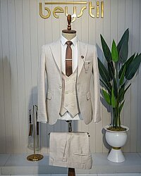 Beystil Sivri Yaka Krem Yelekli Kırçıllı Takım Elbise Storm- Slim Fit 