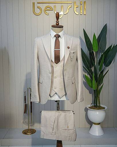 Beystil Sivri Yaka Krem Yelekli Kırçıllı Takım Elbise Storm- Slim Fit - Beystil