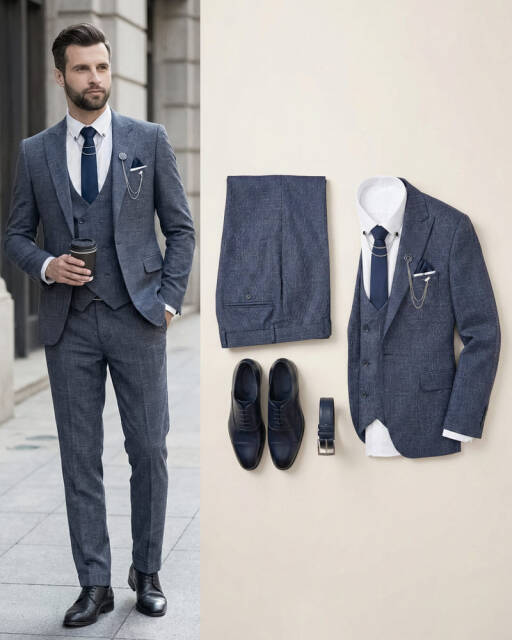 Beystil Sivri Yaka Lacivert Yelekli Kırçıllı Takım Elbise Storm - Slim Fit - Beystil