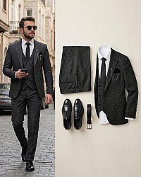 Beystil Sivri Yaka Siyah Yelekli Kırçıllı Takım Elbise Storm- Slim Fit 