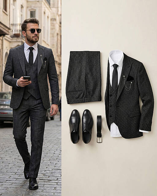 Beystil Sivri Yaka Siyah Yelekli Kırçıllı Takım Elbise Storm- Slim Fit - Beystil
