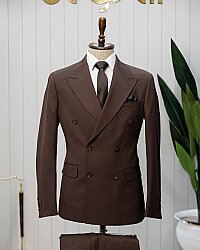 Beystil Sivri Yaka Kahverengi Spor Casual Kruvaze Takım Elbise - Slim Fit 