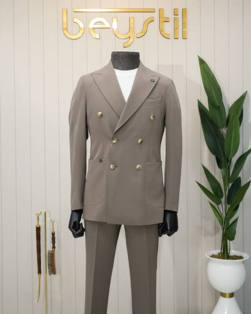 Beystil Sivri Yaka Toprak Spor Casual Kruvaze Takım Elbise - Slim Fit - Beystil