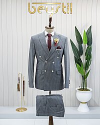 Beystil Sivri Yaka Gri Çizgili Kruvaze Takım Elbise Togo - Slim Fit 