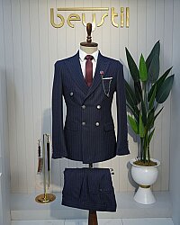 Beystil Sivri Yaka Lacivert Çizgili Kruvaze Takım Elbise Togo - Slim Fit 