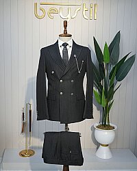 Beystil Sivri Yaka Siyah Çizgili Kruvaze Takım Elbise Togo - Slim Fit 